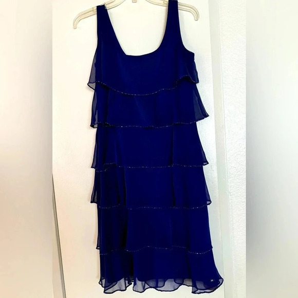 PATRA ROYAL BLUE SLEEVELESS RUFFLED LAYERED TIER BEADED DRESS SOPHISTICATED SZ 4 - Picture 2 of 5